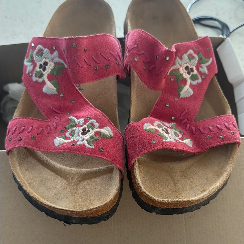 Birkenstock Pink Floral Sandals with Cork Footbed like new